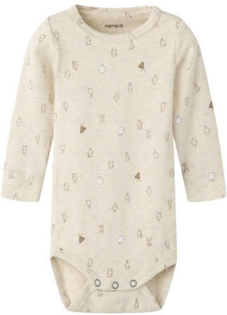 NAME IT BABY katoenen gebreide romper met print zand Beige All over print