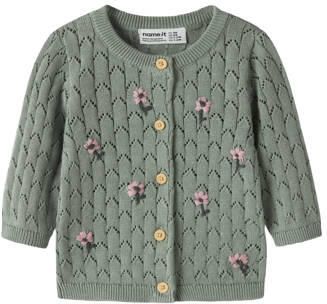 NAME IT BABY katoenen rechtvallend gebloemd gebreid vest met borduursels groen