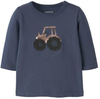 NAME IT BABY katoenen regular fit T-shirt met print donkerblauw Jongens Stretchkatoen Ronde hals