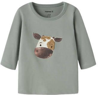 NAME IT BABY katoenen regular fit T-shirt met print lichtkaki Groen Jongens Stretchkatoen Ronde hals
