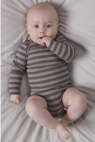NAME IT BABY modal gestreepte romper bruin Stretchkatoen Ronde hals - Foto 3