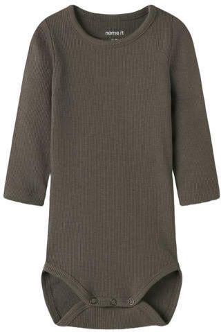NAME IT BABY modal romper met textuur bruin Stretchkatoen Ronde hals