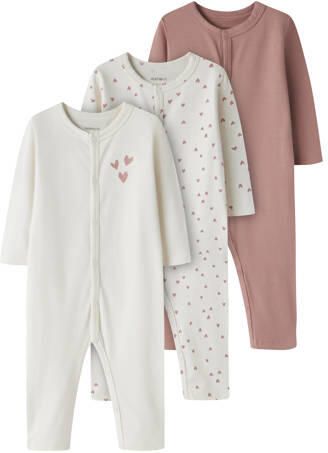 NAME IT BABY pyjama met hartjes roze ecru (set van 3) Stretchkatoen Ronde hals