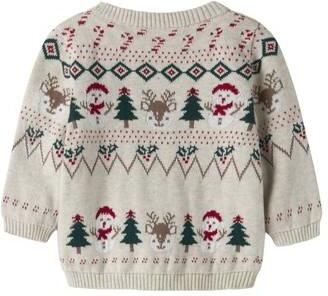 NAME IT BABY rechtvallende jacquard kersttrui met print beige multicolor Jongens Katoen Ronde hals