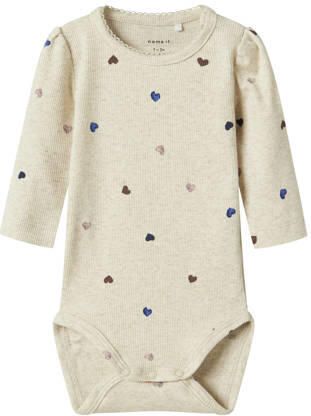 NAME IT BABY romper beige Meisjes Stretchkatoen Ronde hals Hartjes