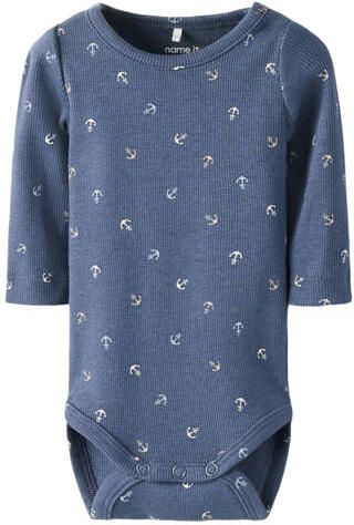 NAME IT BABY romper blauw Jongens Stretchkatoen Ronde hals All over print