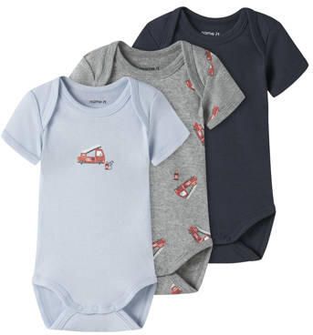 NAME IT BABY romper blauw grijs donkerblauw (set van 3) Multi Jongens Katoen Ronde hals