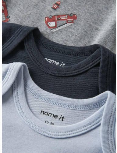 NAME IT BABY romper blauw grijs donkerblauw (set van 3) Multi Jongens Katoen Ronde hals - Foto 2