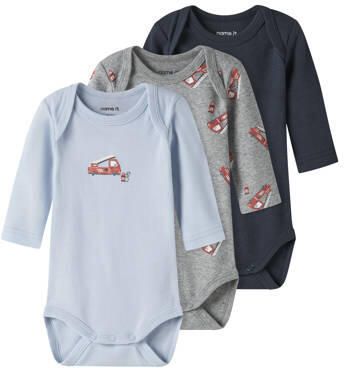 NAME IT BABY romper blauw grijs donkerblauw (set van 3) Multi Jongens Katoen Ronde hals