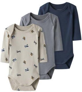 NAME IT BABY romper bNBMBODY beige grijs blauw (set van 3) Jongens Katoen Ronde hals - Foto 4