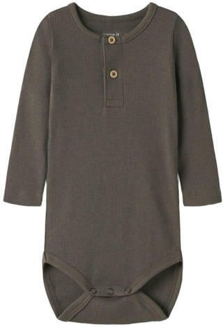 NAME IT BABY romper bruin Jongens Stretchkatoen Ronde hals Effen