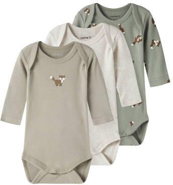NAME IT BABY romper bruin groen grijs (set van 3) Multi Jongens Katoen Ronde hals