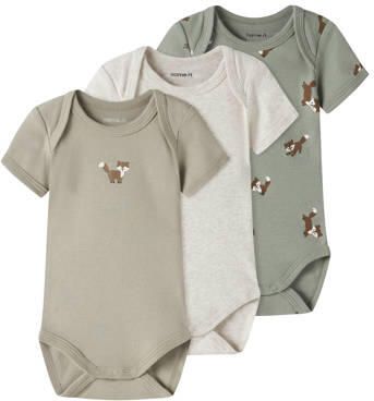 NAME IT BABY romper bruin groen grijs (set van 3) Multi Jongens Katoen Ronde hals