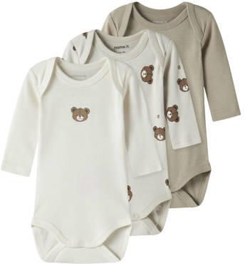 NAME IT BABY romper ecru grijs groen (set van 3) Multi Katoen Ronde hals
