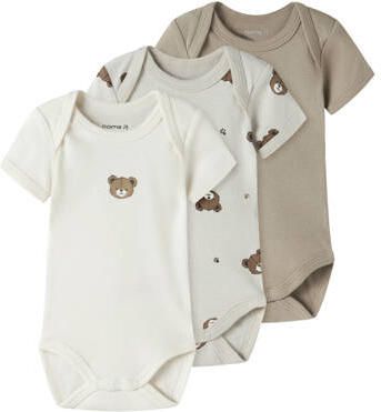 NAME IT BABY romper ecru grijs groen (set van 3) Multi Katoen Ronde hals