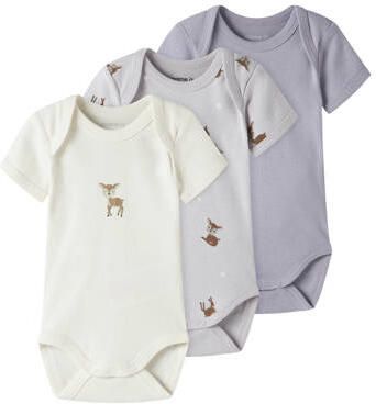 NAME IT BABY romper ecru paars lichtpaars (set van 3) Multi Meisjes Katoen Ronde hals