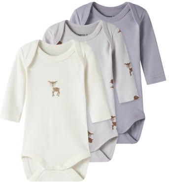 NAME IT BABY romper ecru paars lichtpaars (set van 3) Multi Meisjes Katoen Ronde hals