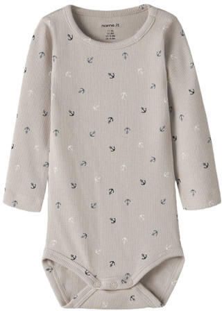 NAME IT BABY romper greige Beige Jongens Stretchkatoen Ronde hals All over print