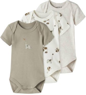 NAME IT BABY romper groen wit grijs (set van 3) Multi Katoen Ronde hals