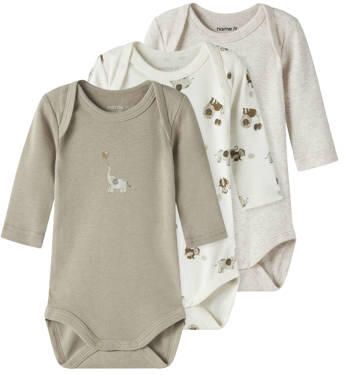 NAME IT BABY romper groen wit grijs (set van 3) Multi Katoen Ronde hals