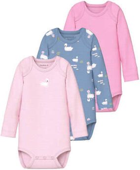 NAME IT BABY romper lichtroze blauw roze (set van 3) Multi Meisjes Katoen Ronde hals