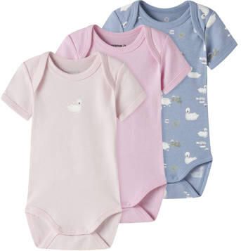 NAME IT BABY romper lichtroze roze blauw (set van 3) Multi Meisjes Katoen Ronde hals