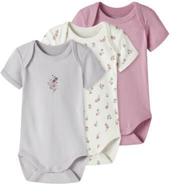 NAME IT BABY romper lila ecru roze (set van 3) Multi Meisjes Katoen Ronde hals
