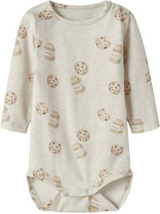 NAME IT BABY romper met print beige Stretchkatoen Ronde hals