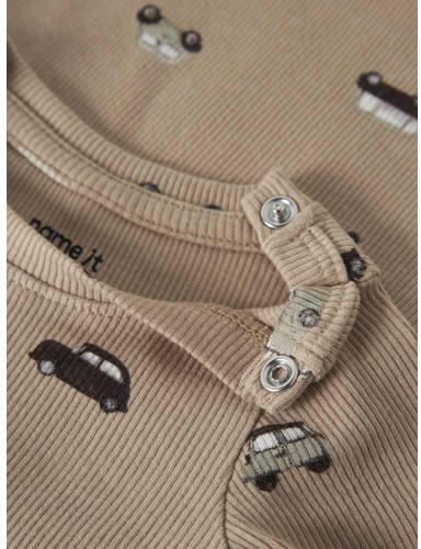 NAME IT BABY romper met print lichtbruin Jongens Stretchkatoen Ronde hals - Foto 2