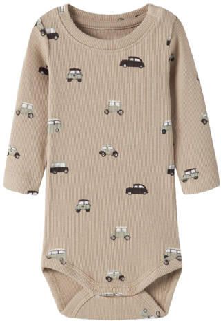 NAME IT BABY romper met print lichtbruin Jongens Stretchkatoen Ronde hals
