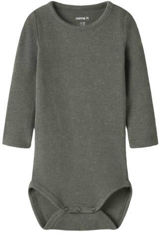 NAME IT BABY romper met textuur olijfgroen Stretchkatoen Ronde hals