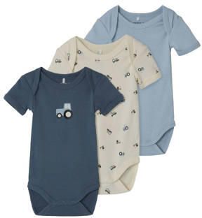 NAME IT BABY romper NBMBODY blauw ecru (set van 3) Jongens Katoen Ronde hals - Foto 5