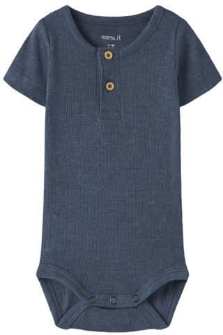 NAME IT BABY romper rib gebreid donkerblauw Jongens Stretchkatoen Ronde hals