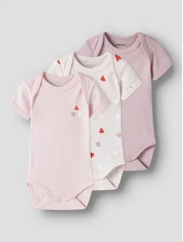NAME IT BABY romper roze wit (set van 3) Meisjes Katoen Ronde hals Hartjes