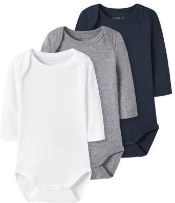 NAME IT BABY romper zwart grijs melange wit (set van 3) Katoen Ronde hals