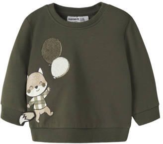NAME IT BABY sweater met borduursels olijfgroen Printopdruk