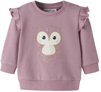 NAME IT BABY sweater met ruches en print lila Paars Printopdruk