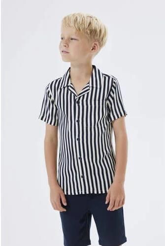 Name it KIDS gestreept overhemd NKMFERANE donkerblauw beige Jongens Viscose Klassieke kraag 122 128 - Foto 3
