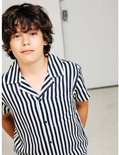 Name it KIDS gestreept overhemd NKMFERANE donkerblauw beige Jongens Viscose Klassieke kraag 122 128 - Foto 2