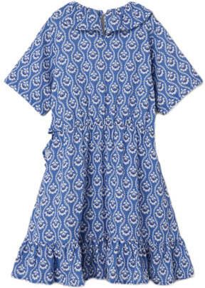 Name it KIDS jurk NKFFAMMINA met all over print en ruches blauw wit Meisjes Katoen V-hals 116