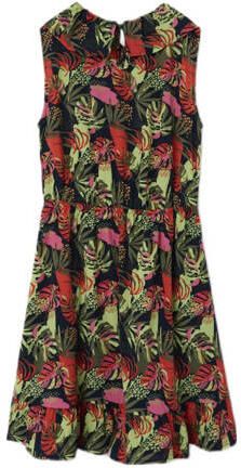 Name it KIDS jurk NKFVINAYA met all over print en volant donkerblauw roze groen Meisjes Polyester Ronde hals 122