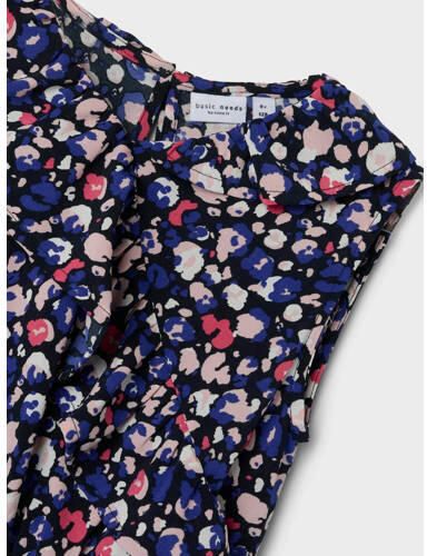 Name it KIDS jurk NKFVINAYA met all over print en volant donkerblauw roze wit Meisjes Polyester Ronde hals 128