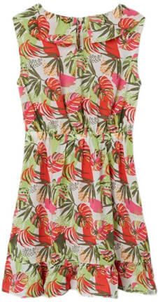 Name it KIDS jurk NKFVINAYA met all over print en volant felroze groen wit Meisjes Polyester Ronde hals 116