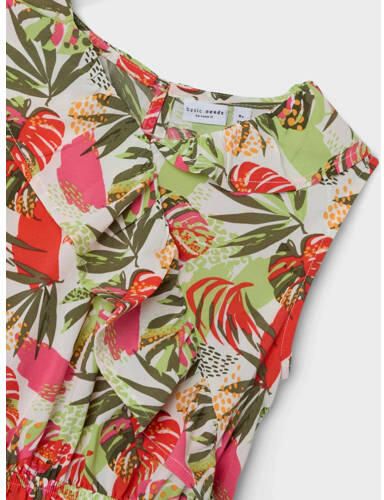 Name it KIDS jurk NKFVINAYA met all over print en volant felroze groen wit Meisjes Polyester Ronde hals 116 - Foto 2