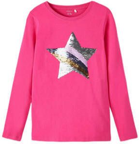 Name it KIDS longsleeve NKFBISTAR set van 2 met pailletten fuchsia grijs melange Roze Meisjes Stretchkatoen Ronde hals 158 164 - Foto 3