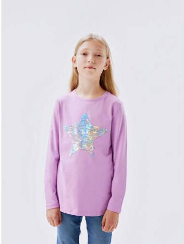 Name it KIDS longsleeve NKFLINSTAR met printopdruk en pailletten roze Meisjes Stretchkatoen Ronde hals 146 152 - Foto 2