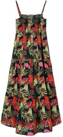 Name it KIDS maxi jurk NKFVINAYA met all over print donkerblauw roze groen Meisjes Polyester Ronde hals 116
