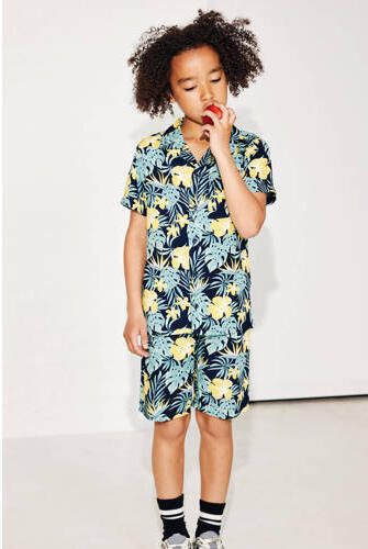 Name it KIDS overhemd NKMFERANE met all over print donkerblauw geel groen Jongens Viscose Klassieke kraag 122 128