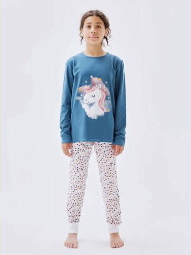 Name it KIDS pyjama NKMNIGHTSET blauwgroen wit roze Meisjes Katoen Ronde hals 134 140 - Foto 4