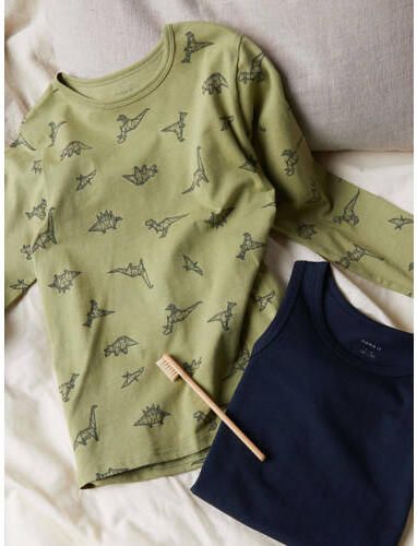 Name it KIDS pyjama NKMNIGHTSET DINO groen donkergroen Jongens Stretchkatoen Ronde hals 110 116 - Foto 4